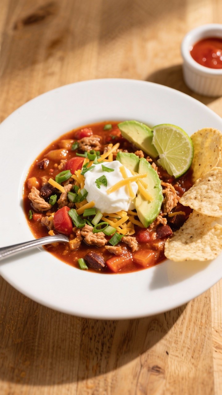 Tasty top view: Overhead shot of a ladled bowl of Veggie-Packed Turkey Chili, richly red with fire-r