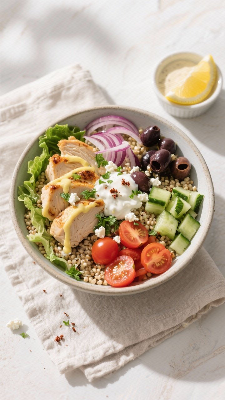 Tasty top view: Overhead shot of assembled Mediterranean Chicken Bowls—fluffy quinoa base, neatly 