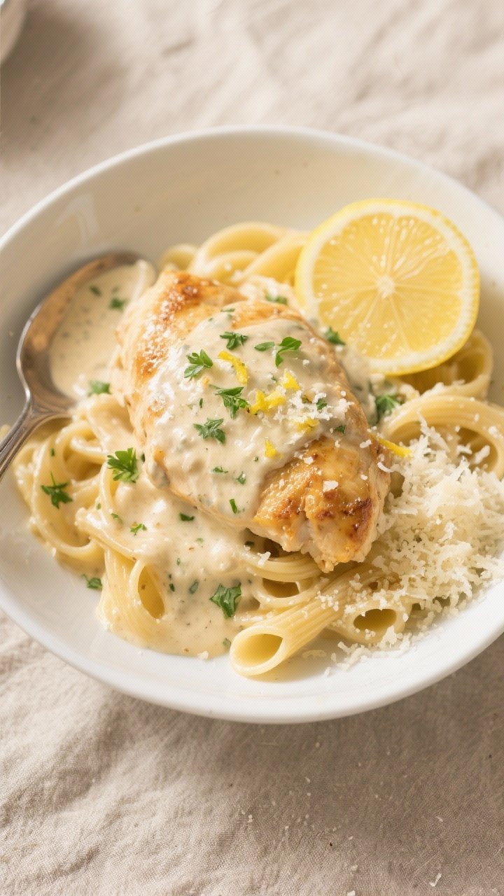 Tasty top view: Overhead shot of Creamy Garlic Parmesan Chicken served over al dente buttered pasta 