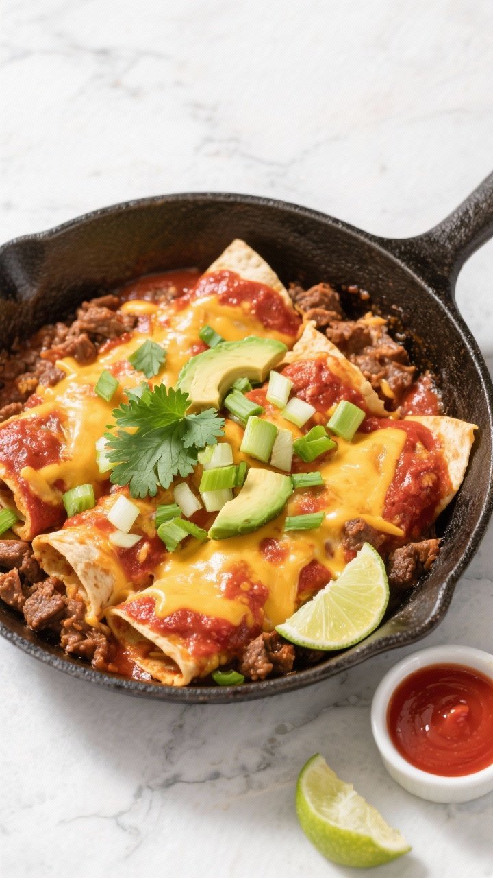 Tasty top view: Overhead shot of the finished Beef Enchilada Skillet just off the heat, tortilla str