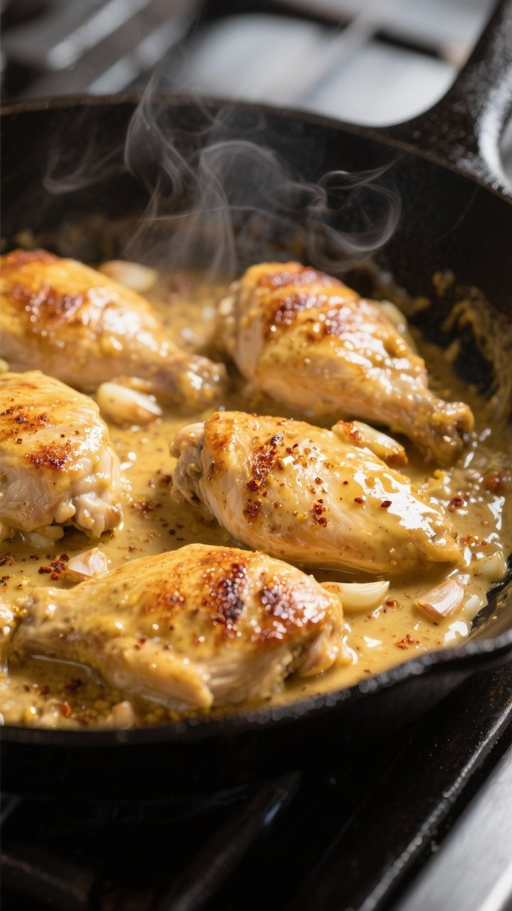 Close-up cooking process: Golden-seared honey mustard chicken in a large skillet, pieces glistening