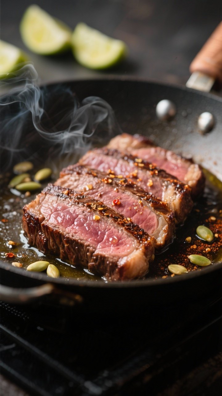 Close-up cooking process: Sliced flank steak searing in a hot skillet, edges caramelized with a deep