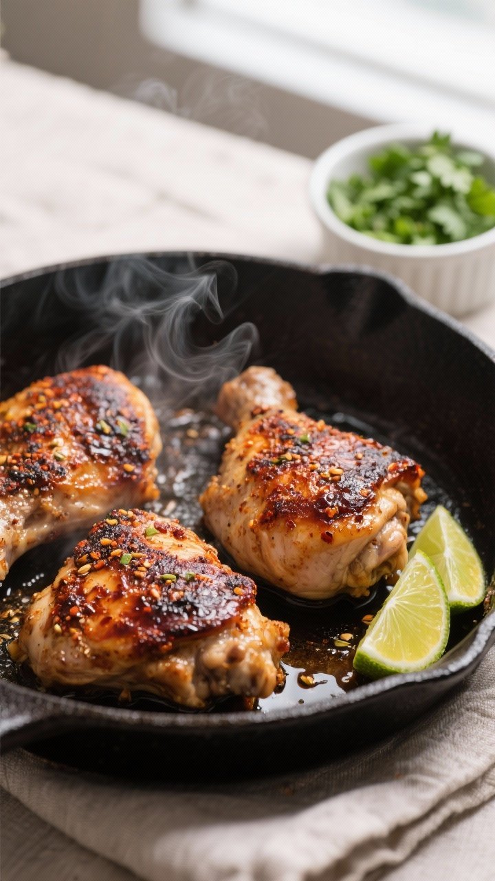 Close-up detail, cooking process: Chile lime chicken thighs sizzling in a preheated cast-iron skille