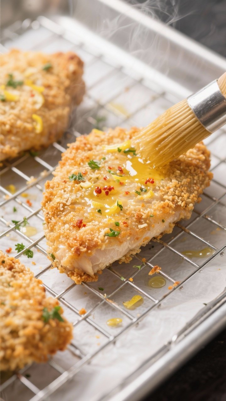 Close-up detail/cooking process: Golden, breaded chicken cutlets baking on a wire rack set over a pa