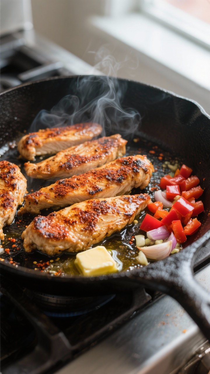 Close-up detail, cooking process: Sizzling Cajun chicken strips in a large black cast-iron skillet, 
