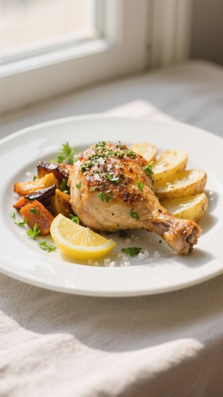 Close-up, final plated presentation: a single herb-roasted chicken thigh with crackly, rendered skin