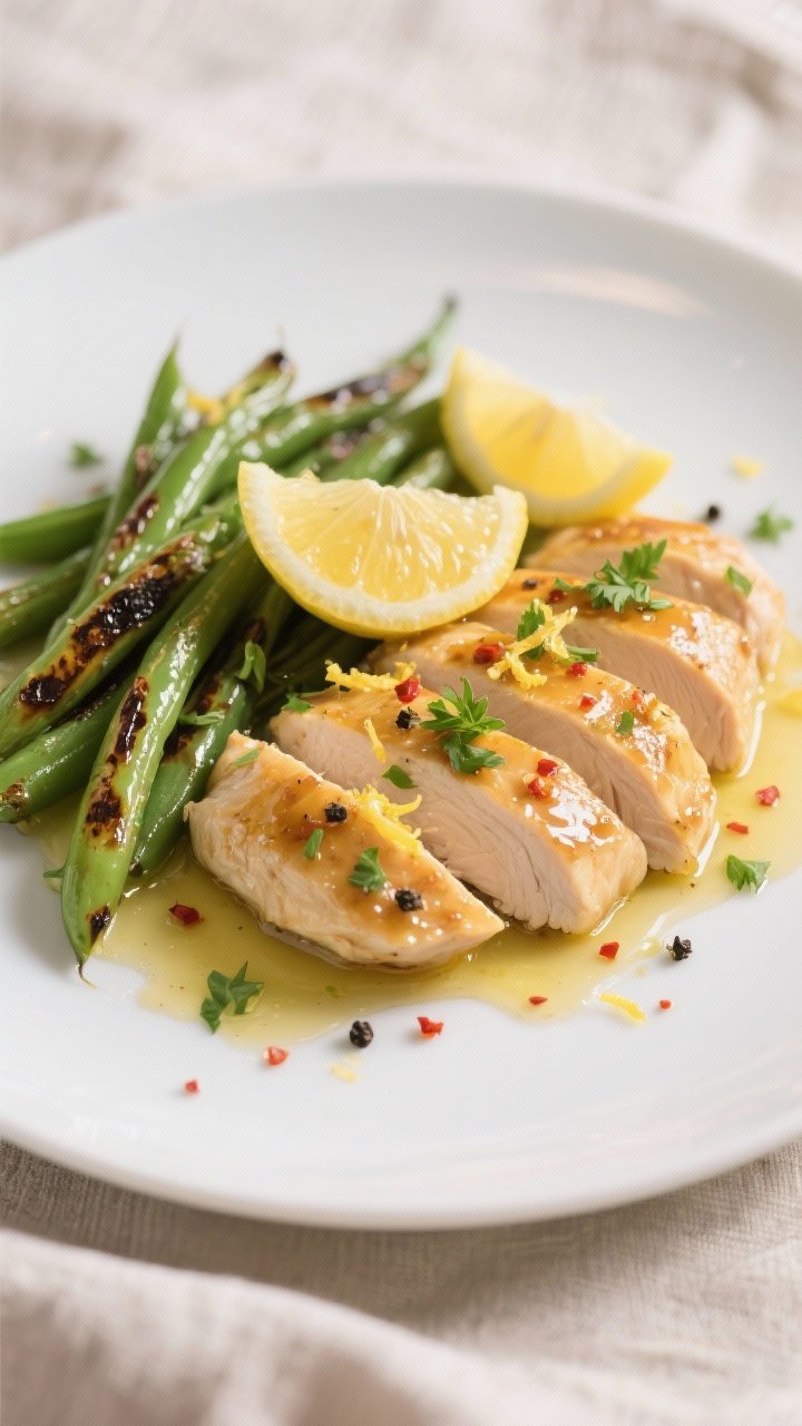 Close-up plated final dish: juicy sliced chicken breast glazed with lemon-Dijon pan juices, arranged