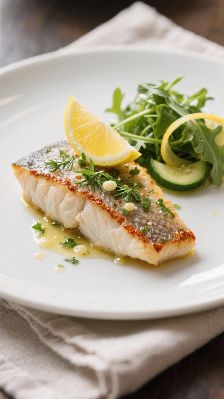 Close-up, restaurant-style plated tilapia fillet on a matte white plate: flaky, opaque fish topped w