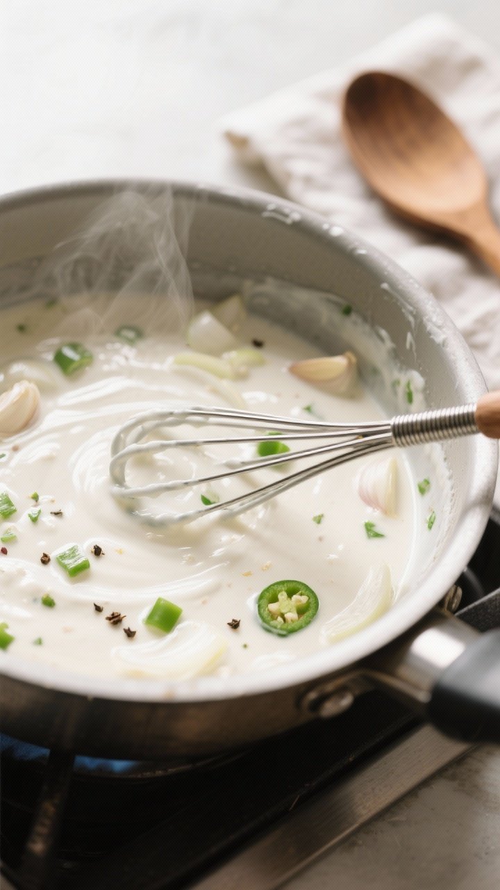 Cooking process close-up: A medium saucepan on the stove with the silky white sauce being whisked to