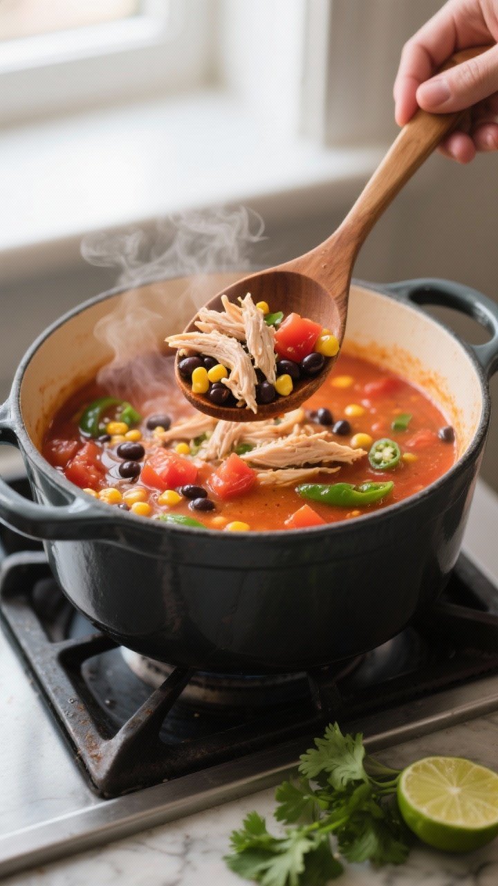 Cooking process close-up: A steaming pot of chicken tortilla soup at a lively simmer, shredded chick