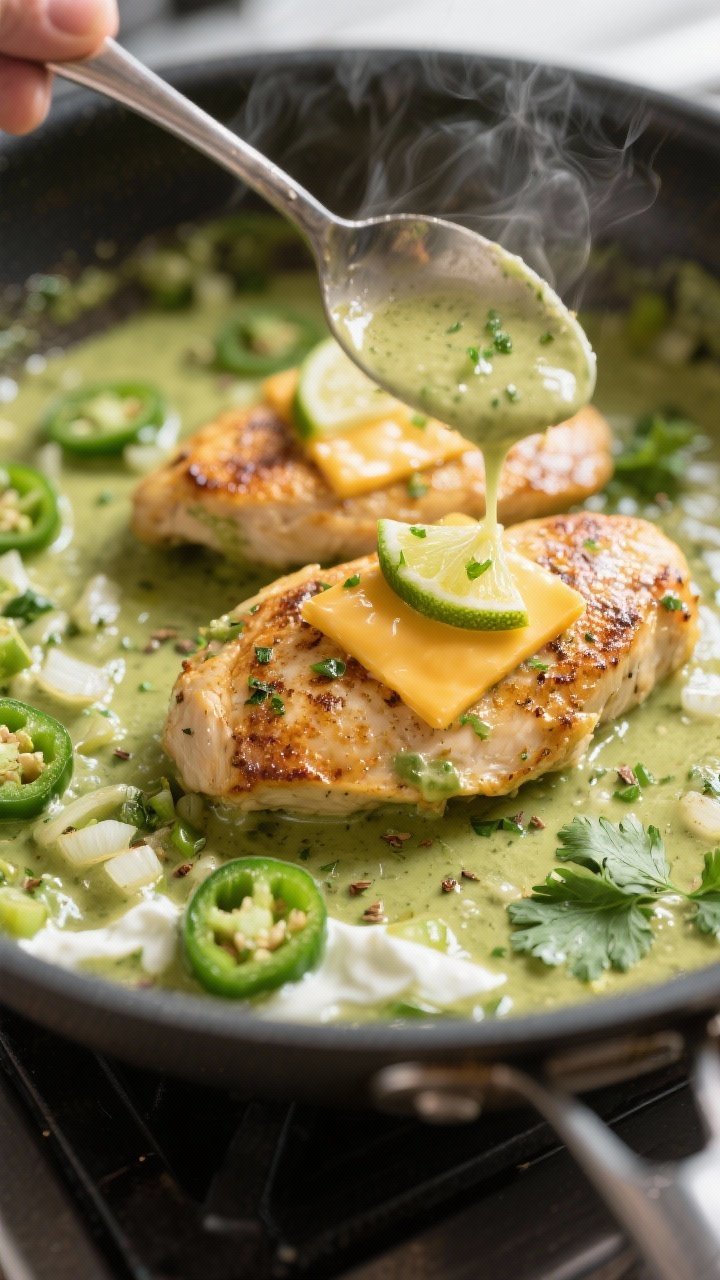 Cooking process, close-up detail: Golden-seared chicken breasts nestled back into a shimmering green