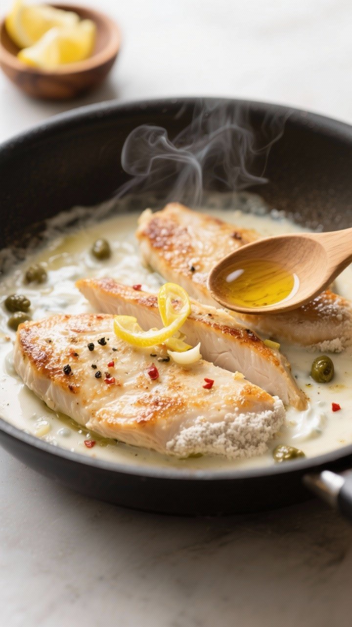 Cooking process, close-up detail: Searing thin chicken cutlets lightly dredged in flour in a large s