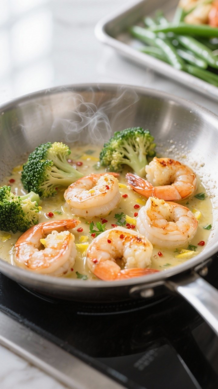 Cooking process close-up: Garlic butter shrimp sizzling in a stainless steel skillet, shrimp seared 