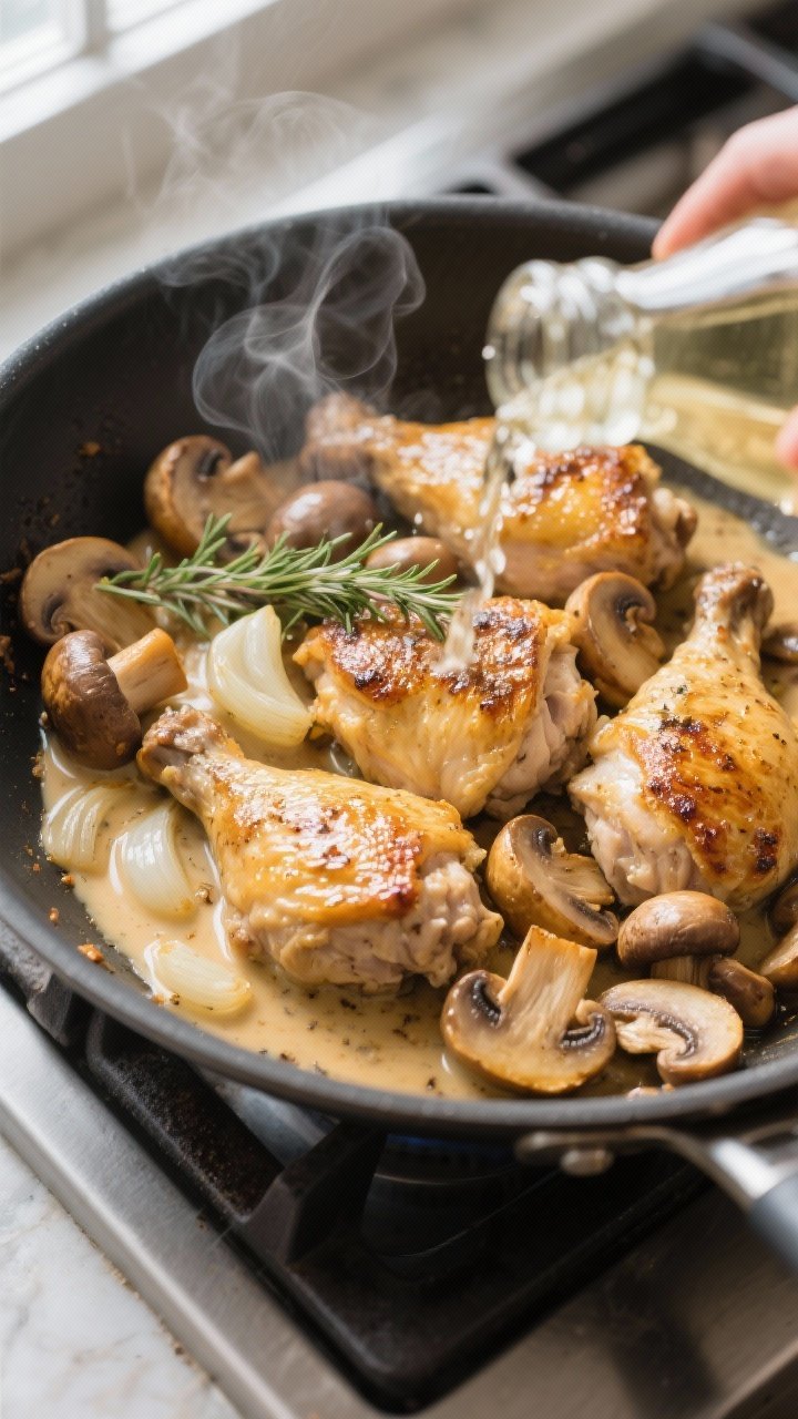 Cooking process close-up: Golden-seared chicken thighs nestled among deep-golden cremini mushrooms i
