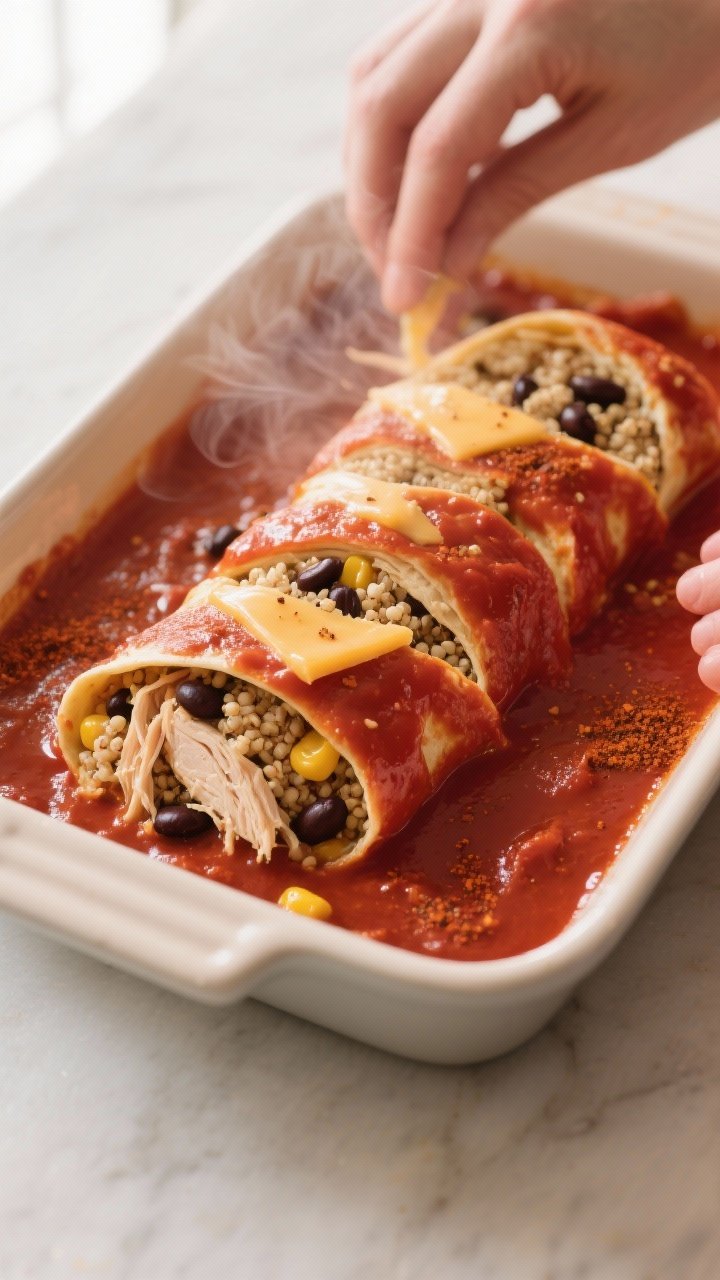 Cooking process close-up: Rolled chicken and quinoa enchiladas being nestled seam-side down into a l