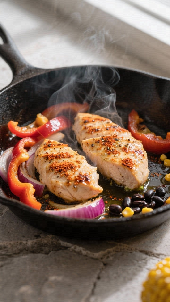 Cooking process close-up: Sizzling skillet of sliced bell peppers and red onion with light char, alo