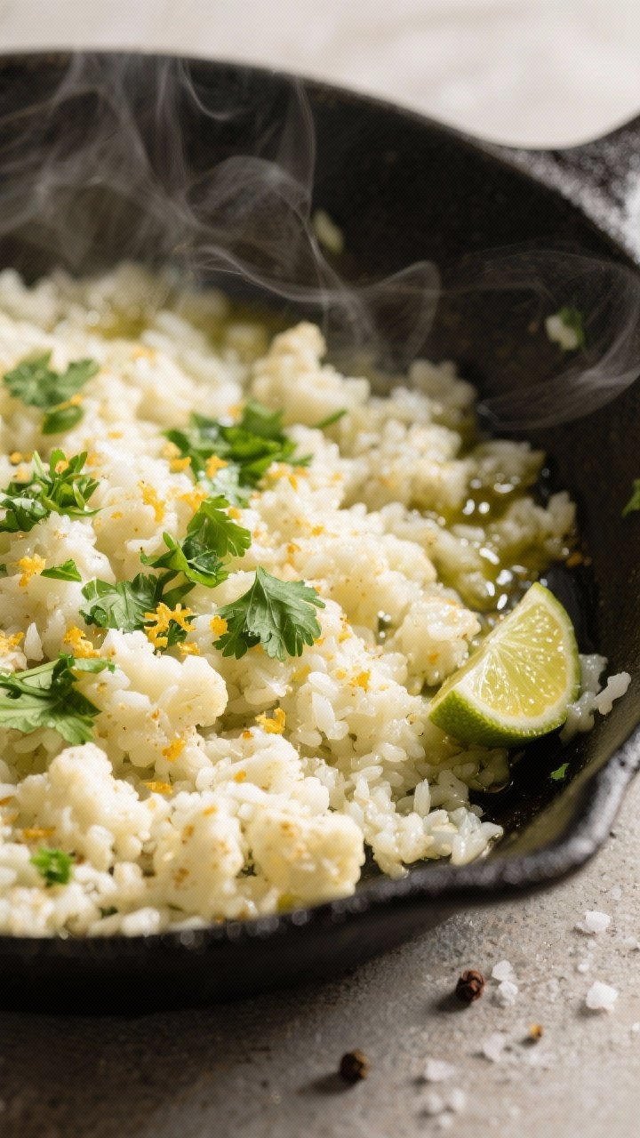 Cooking process close-up: Sizzling skillet shot of cauliflower rice being finished with lime and cil