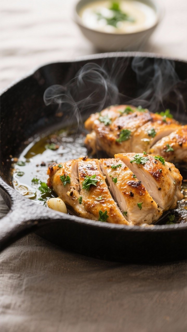 Cooking process close-up: Sliced, marinated cilantro-garlic chicken thighs sizzling in a cast-iron s
