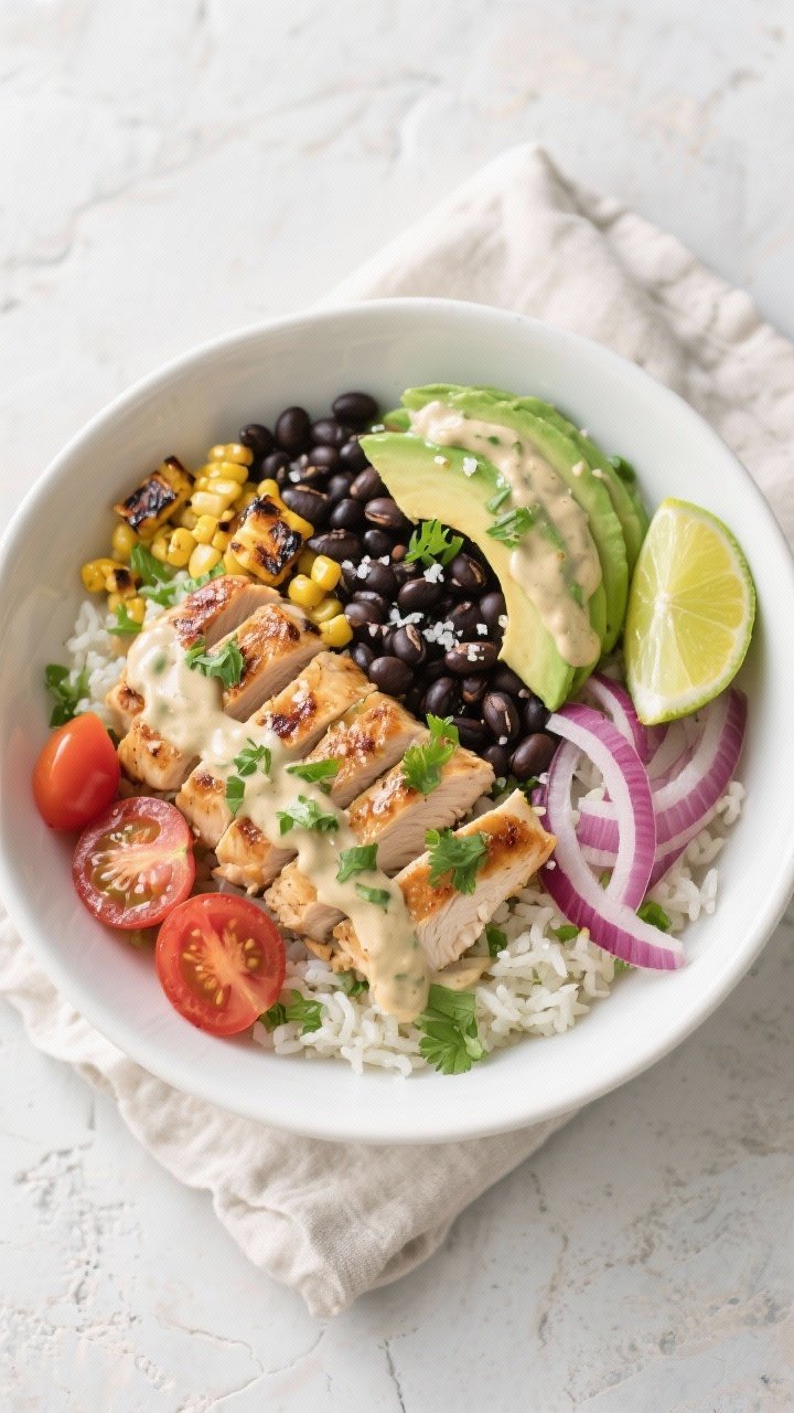 Final bowl top-down: Overhead shot of a Cilantro Garlic Chicken Bowl arranged in neat sections—flu