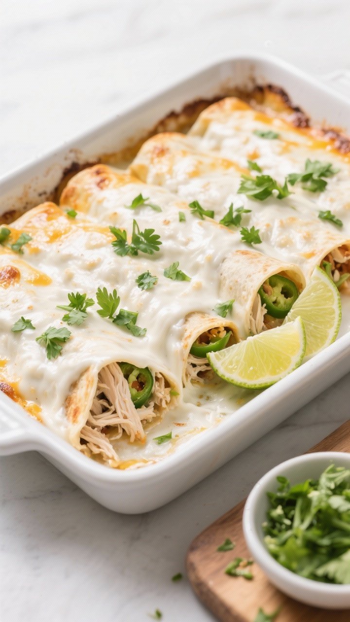 Final dish overhead: A 9x13 baking dish of low-calorie white chicken enchiladas just out of the oven