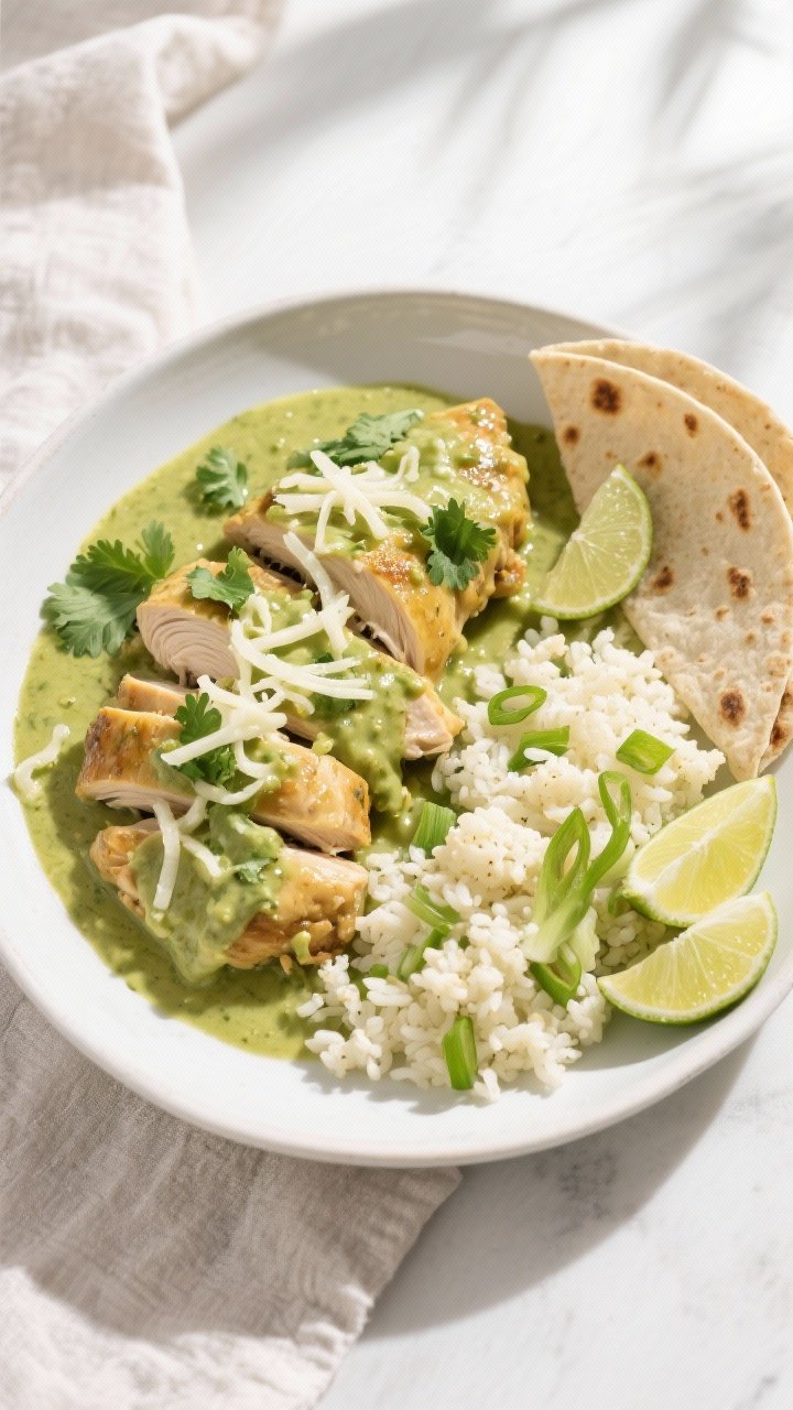 Final dish, : Overhead shot of Healthy Smothered Green Chile Chicken plated family-style in a wide, 