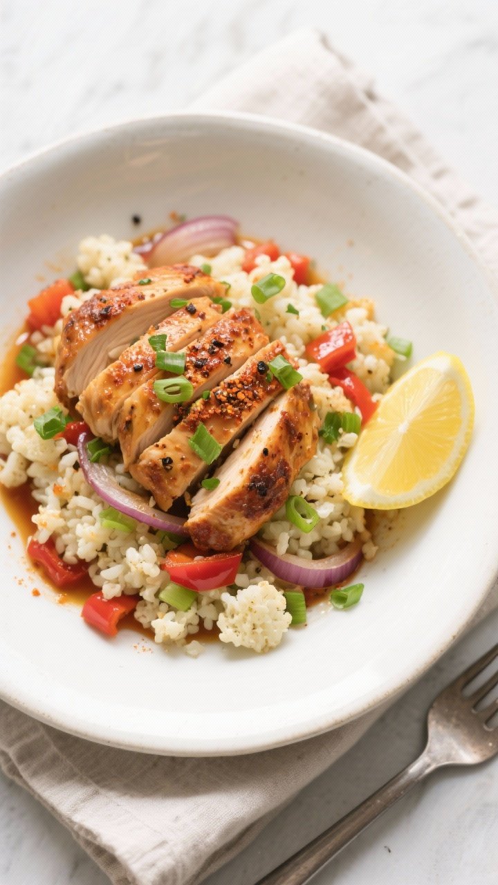 Final dish, tasty top view: Overhead shot of Cajun chicken with cauliflower rice plated in a wide wh