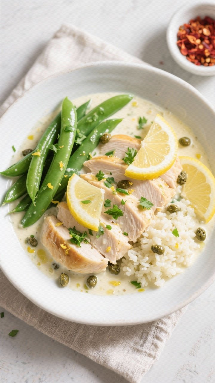 Final dish, tasty top view: Overhead shot of Healthy Low Calorie Creamy Lemon Chicken plated in a wi