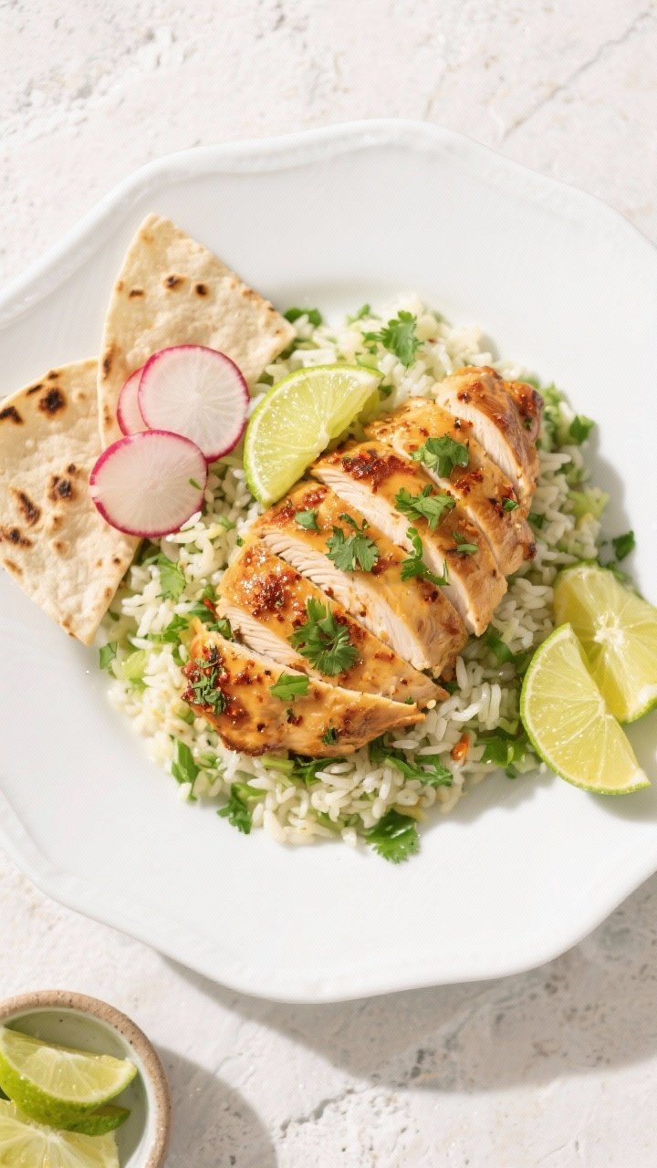 Final dish, tasty top view: Overhead shot of sliced chile lime chicken arranged fan-style over cilan
