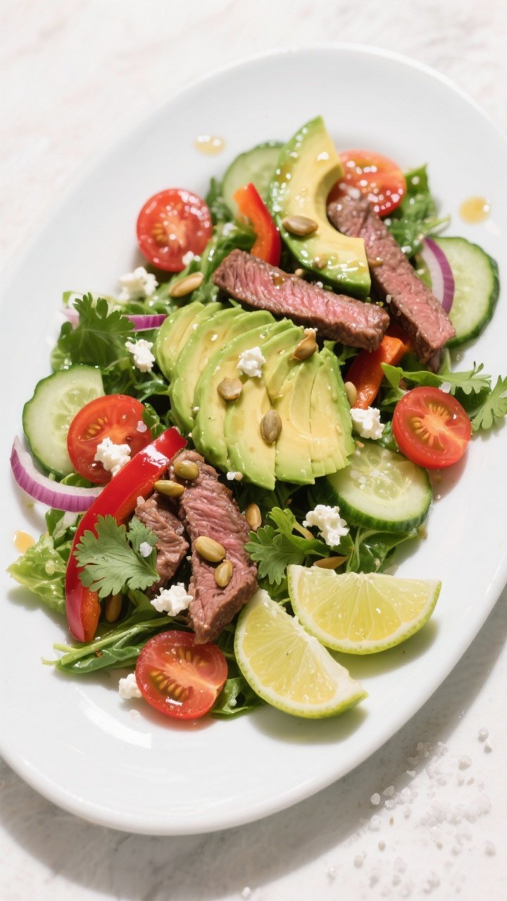 Final plated overhead: Beef & Avocado Power Salad arranged on a wide, white ceramic platter—mixed 