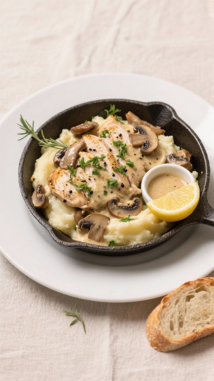 Final plated overhead: Chicken mushroom skillet served over buttery mashed potatoes on a wide matte-