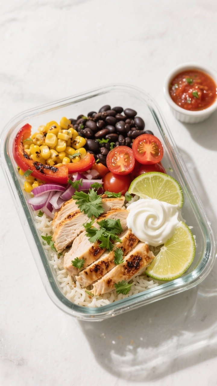 Final plated overhead: High protein chicken burrito bowl meal prep arranged in a tidy glass meal-pre