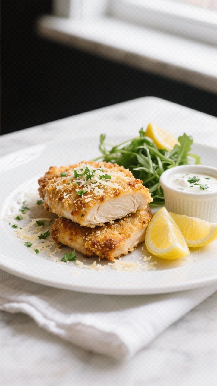 Final plated/overhead: Overhead shot of Baked Garlic Parmesan Chicken served on a matte white plate,