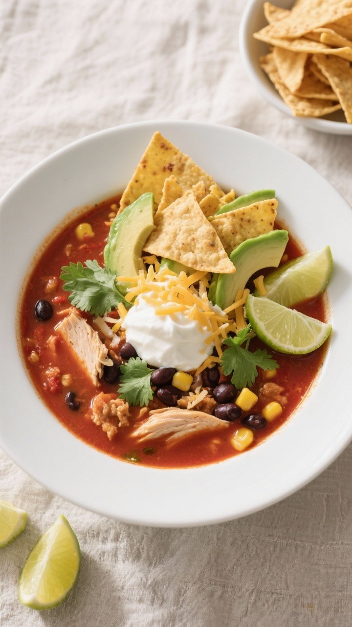 Final plated overhead: Tasty top-down shot of a bowl of healthy chicken tortilla soup, garnished rig