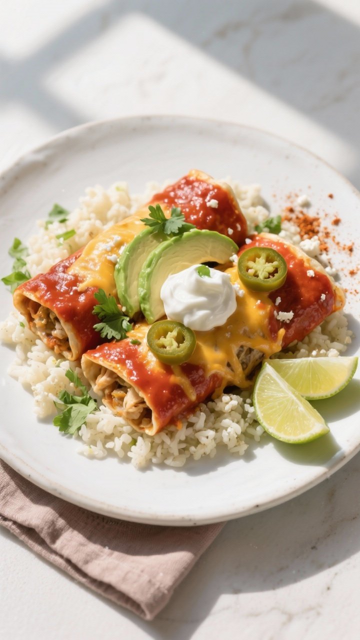 Final plated overhead: Two chicken enchiladas smothered in glossy red enchilada sauce, cheese melted