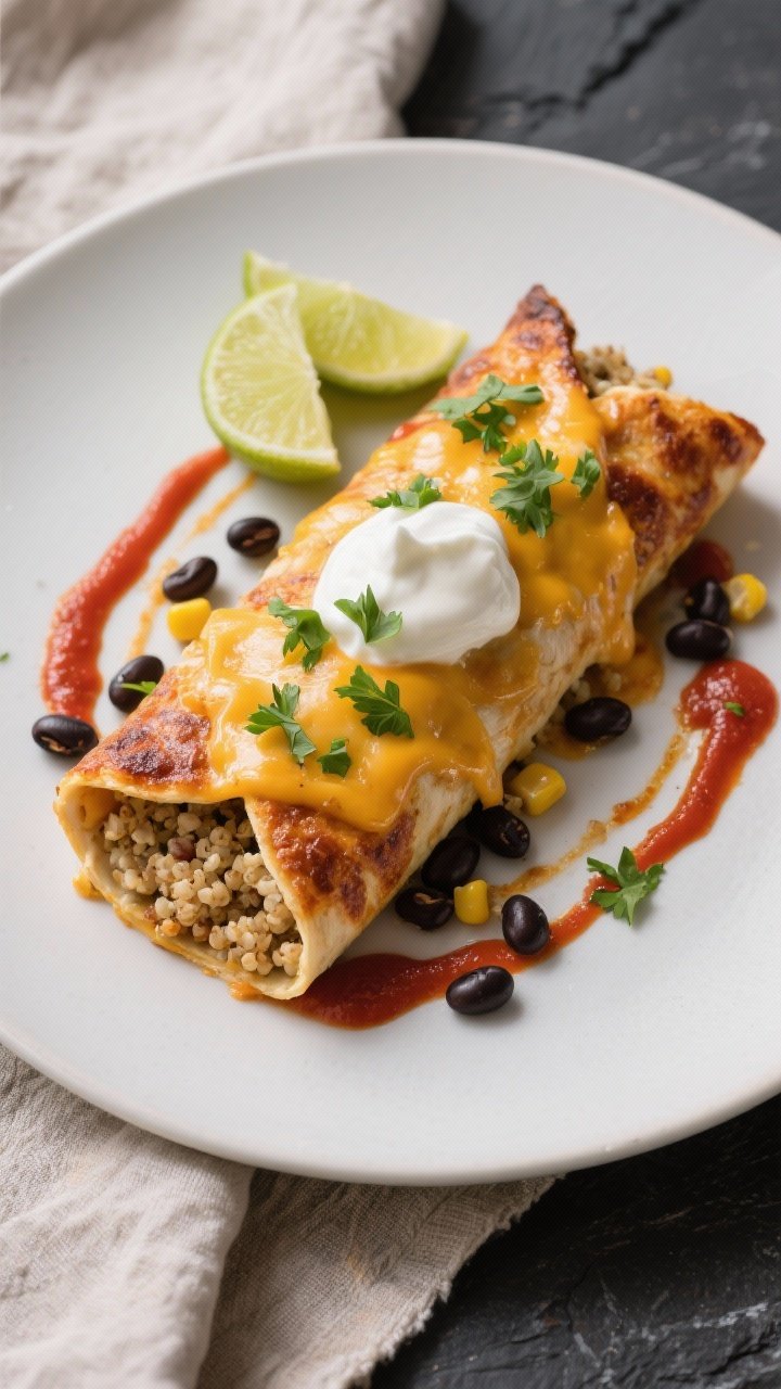 Final plated top view: Baked chicken and quinoa enchiladas smothered in melted, bubbling Monterey Ja