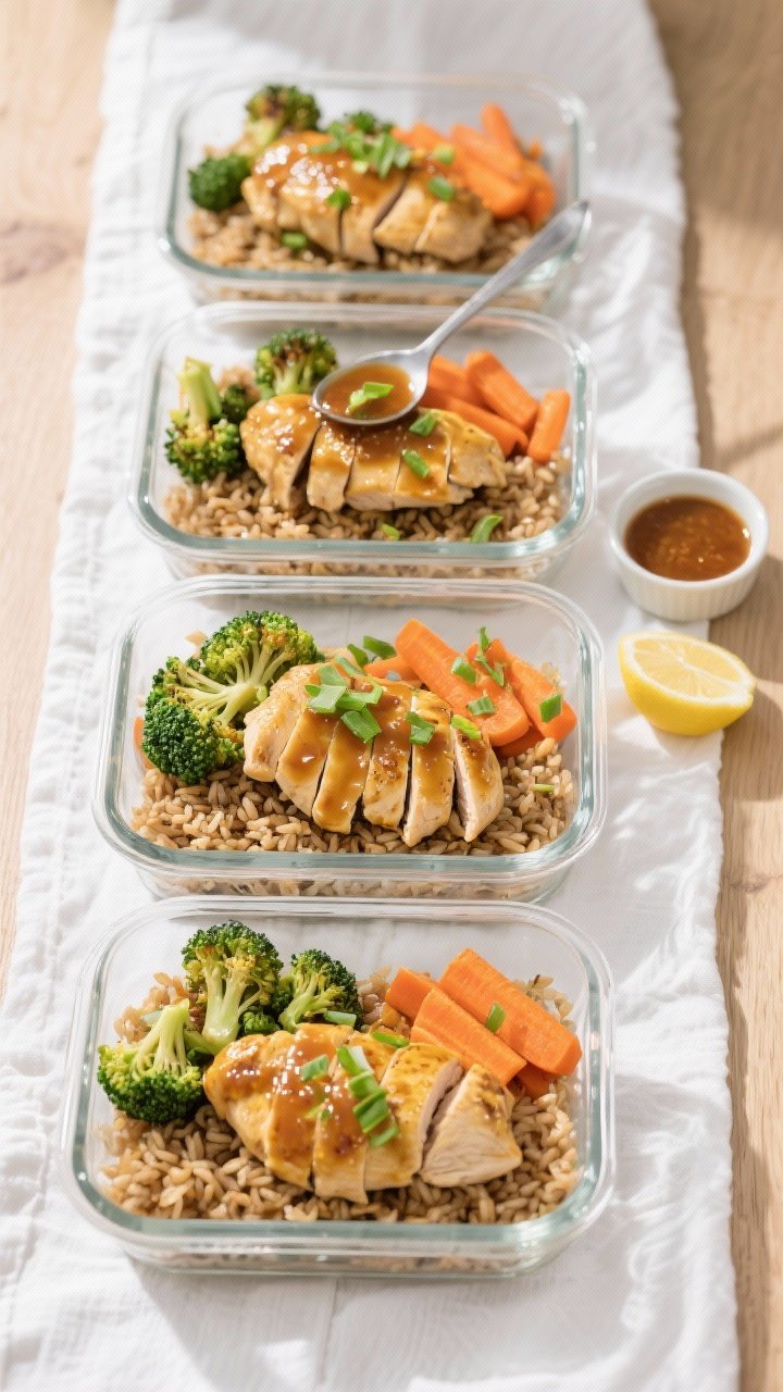 Overhead final meal prep: Top-down shot of four glass meal prep containers neatly arranged, each wit