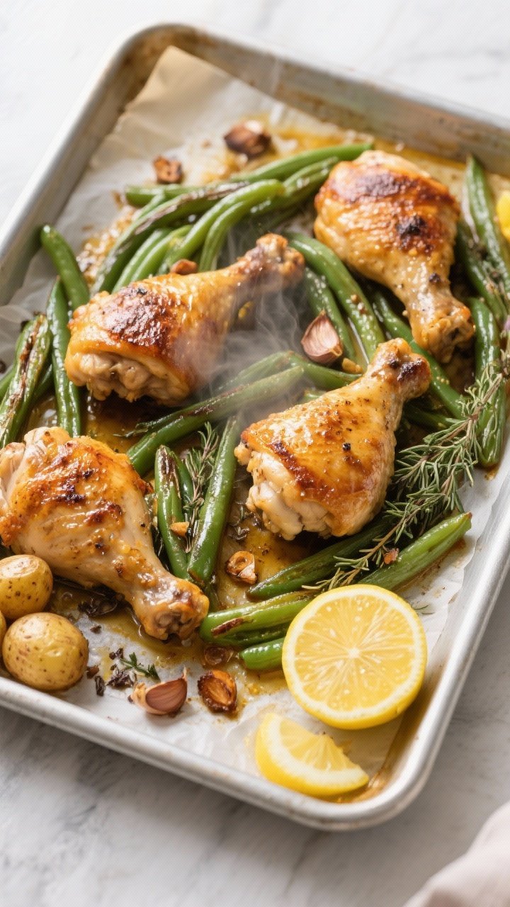 Overhead shot of a just-roasted sheet pan of lemon Dijon chicken thighs and green beans at 425°F, s