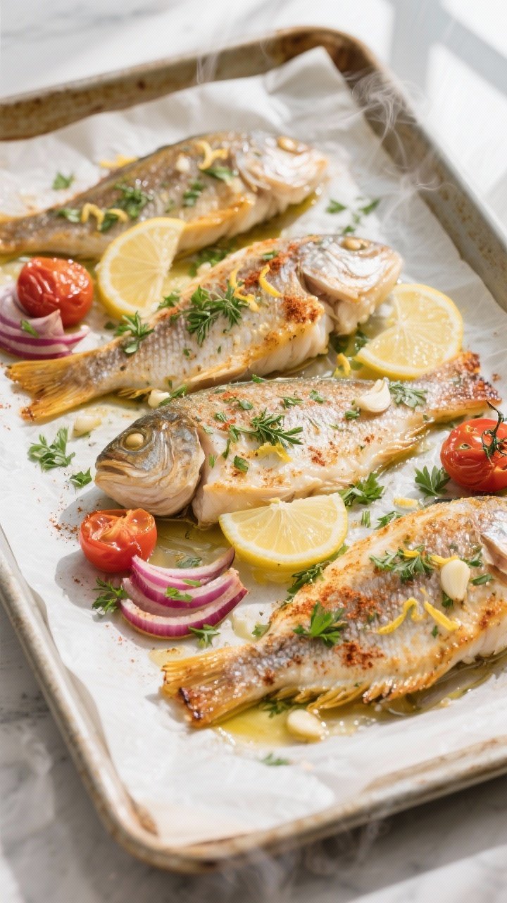Overhead shot of baked garlic-herb tilapia just out of the oven on a parchment-lined sheet pan: four