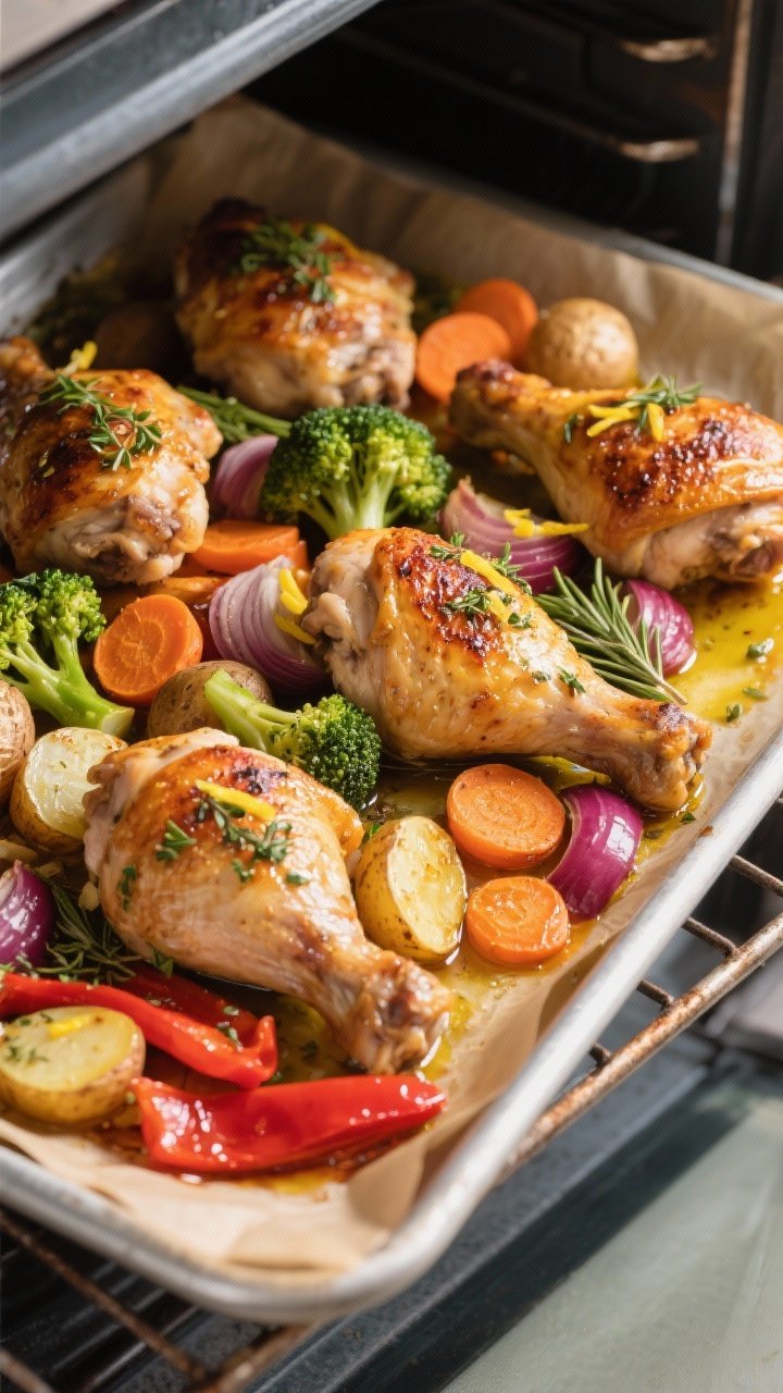 Overhead shot of herb-roasted chicken thighs finishing in the oven: six bone-in, skin-on thighs with