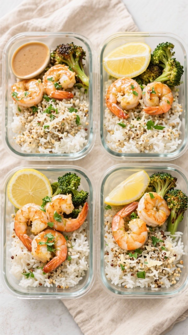 Tasty top-view meal prep finale: Overhead shot of four neatly arranged glass meal prep containers, e