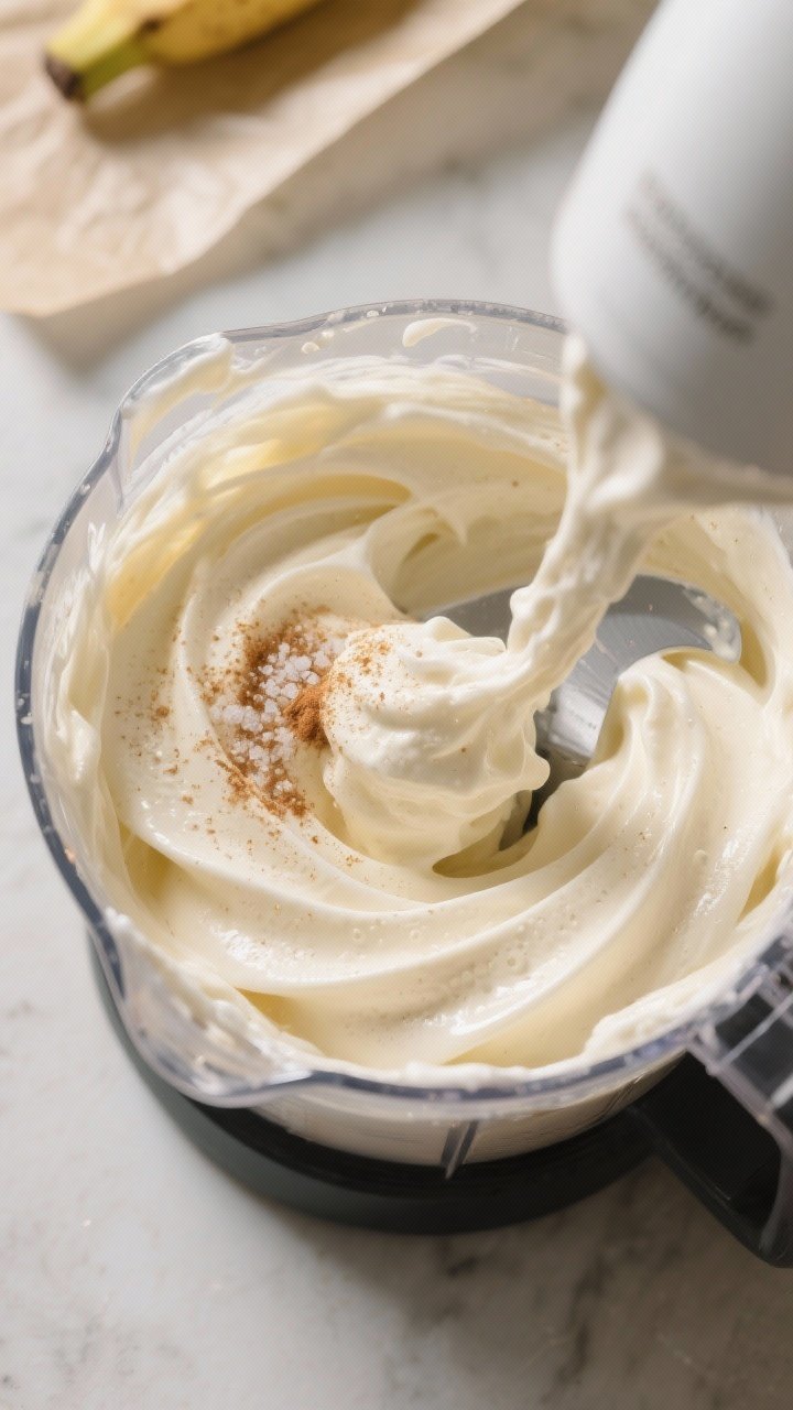 Close-up detail/cooking process: Thick, soft-serve consistency protein banana ice cream swirling in 