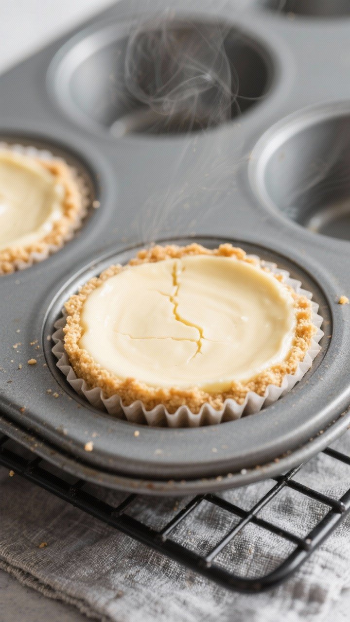 Close-up detail/process shot: Keto breakfast cheesecake cups just out of the oven after the low-and-