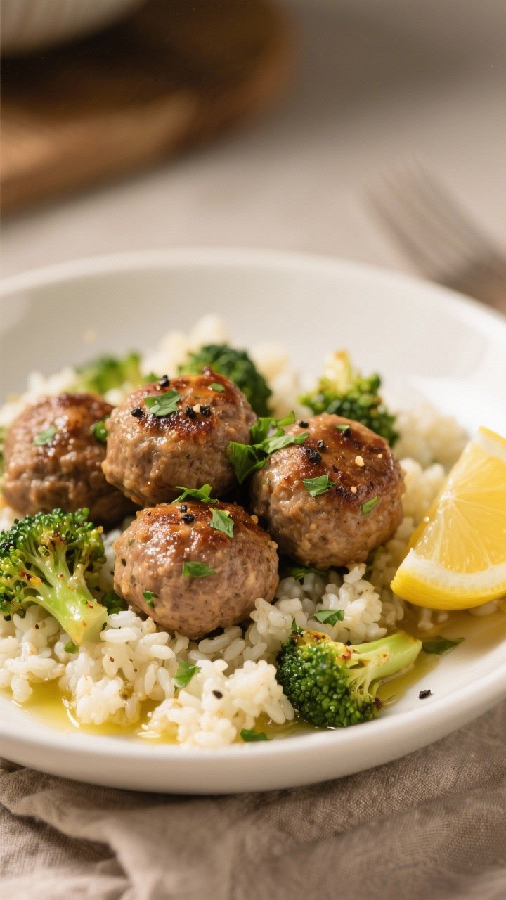 Close-up plated presentation of turkey meatballs in a shallow white bowl over cauliflower rice with 