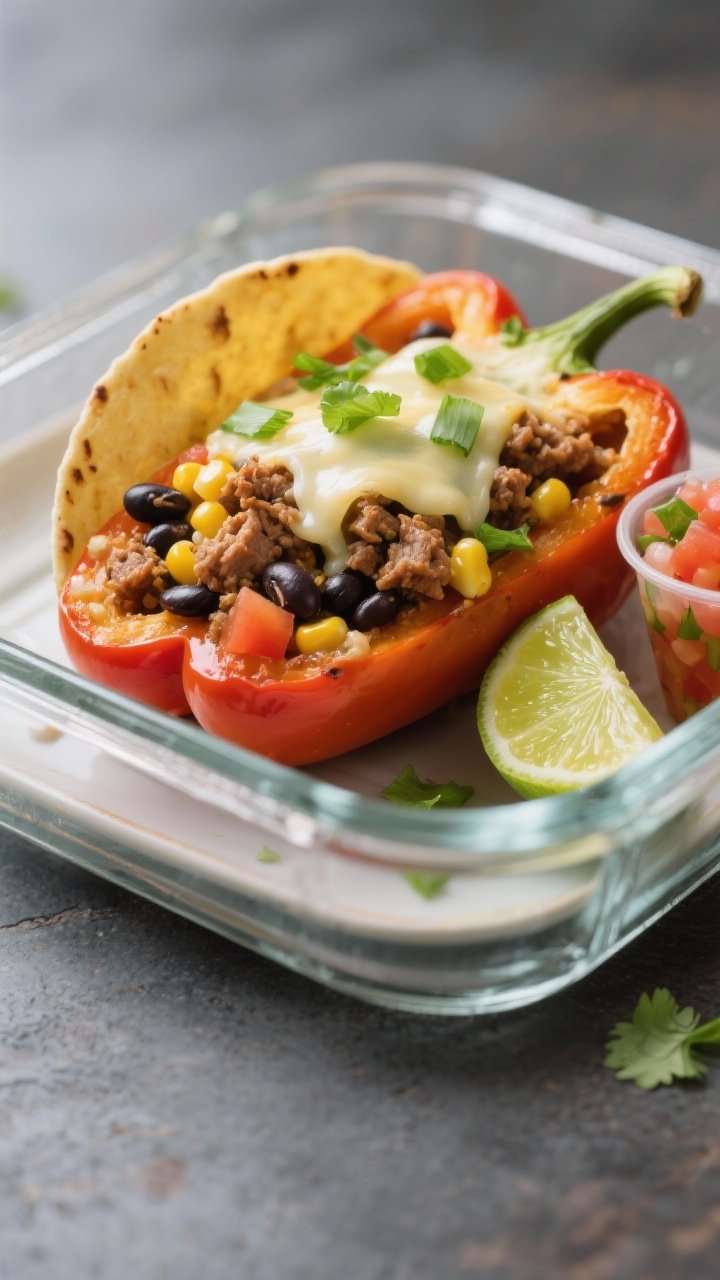 Close-up, three-quarter angle of a single taco stuffed bell pepper plated for meal prep: pepper slic