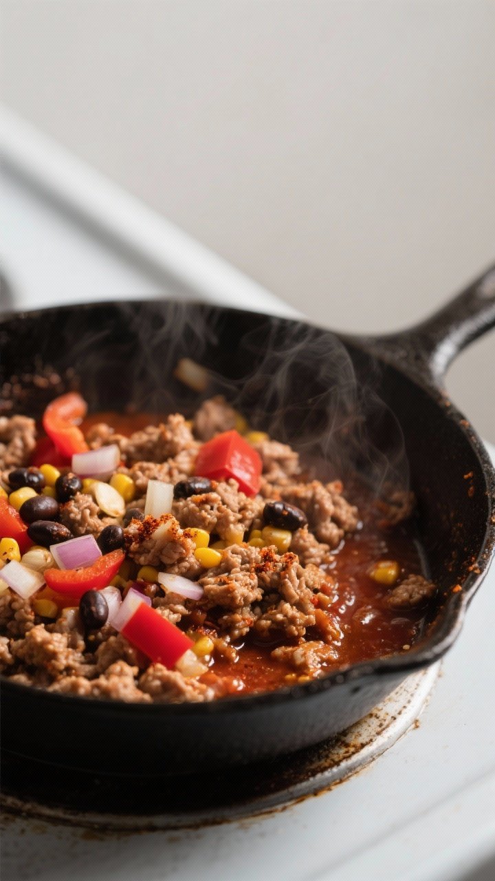 Cooking process, close-up detail: Sizzling taco-seasoned lean ground turkey in a cast-iron skillet w