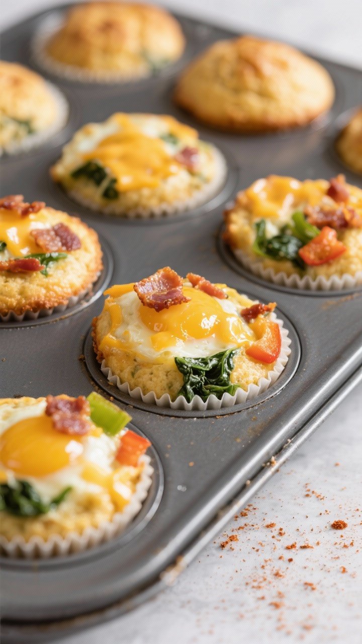 Cooking process close-up: Golden, puffed keto savory breakfast muffins just pulled from the oven, st