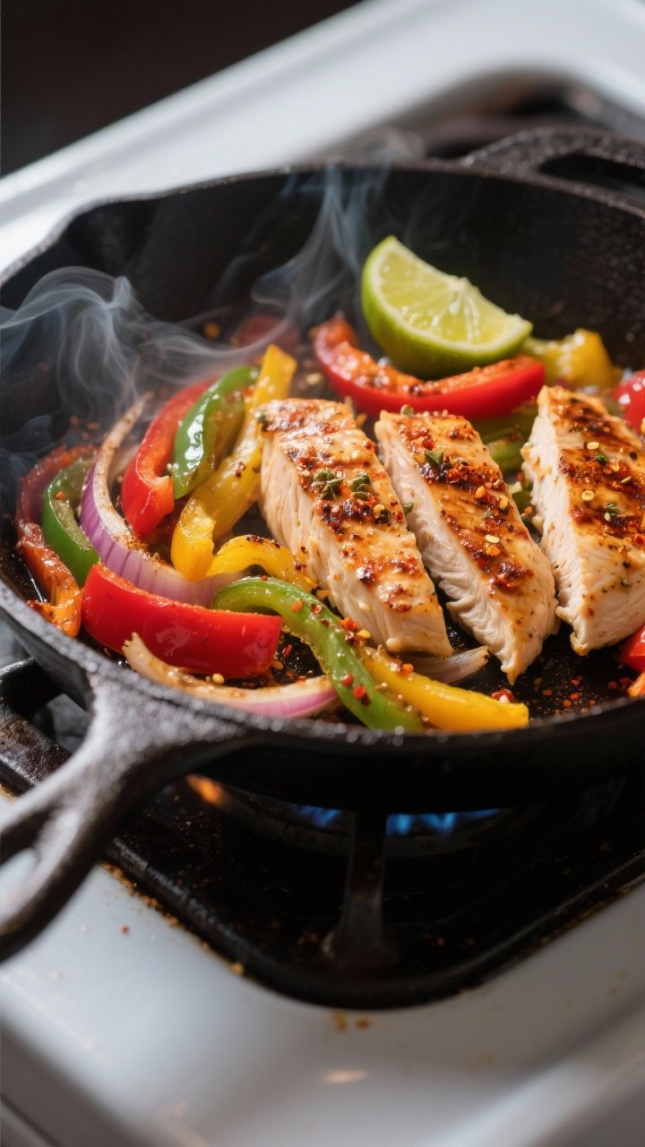 Cooking process — Sizzling chicken fajitas in a cast-iron skillet: medium-high heat sear on thin c
