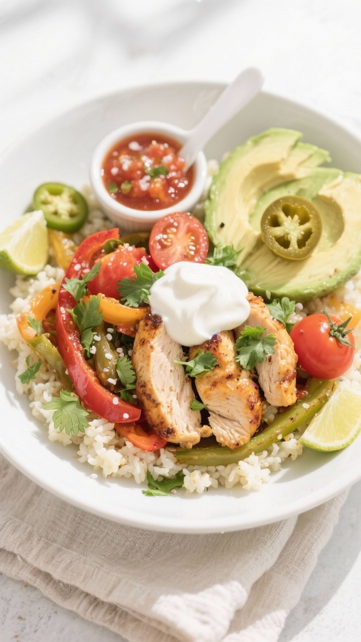 Final dish — Overhead shot of High Protein Low Calorie Chicken Fajita Bowl: fluffy cauliflower ric