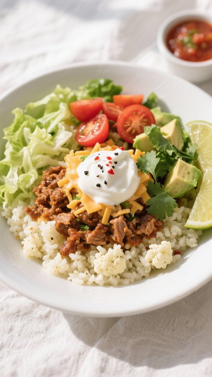 Final dish, top view: Overhead shot of High Protein Low Calorie Taco Cauliflower Rice Bowl layered w