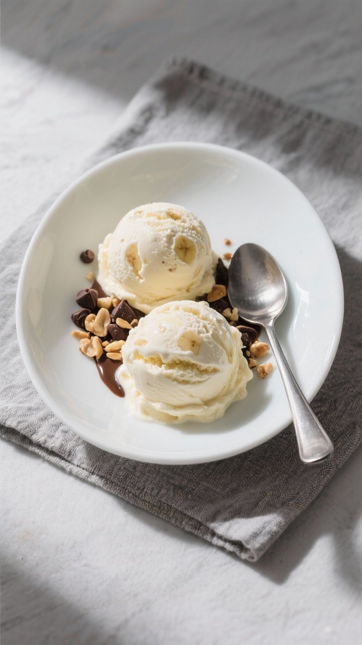 Final dish/top view: Overhead shot of two perfectly scooped mounds of high-protein vanilla-banana ic